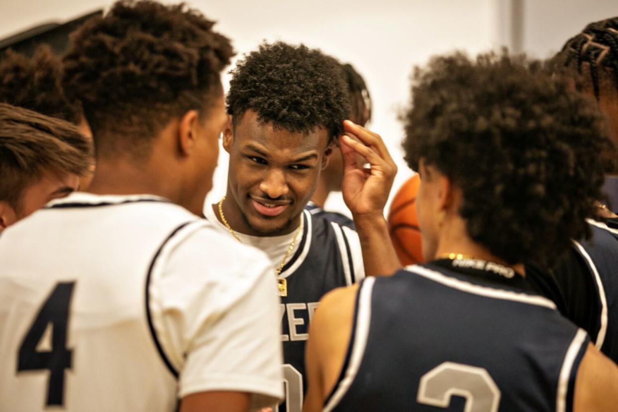 Bronny James gathers with Sierra Canyon teammates during media day in October.