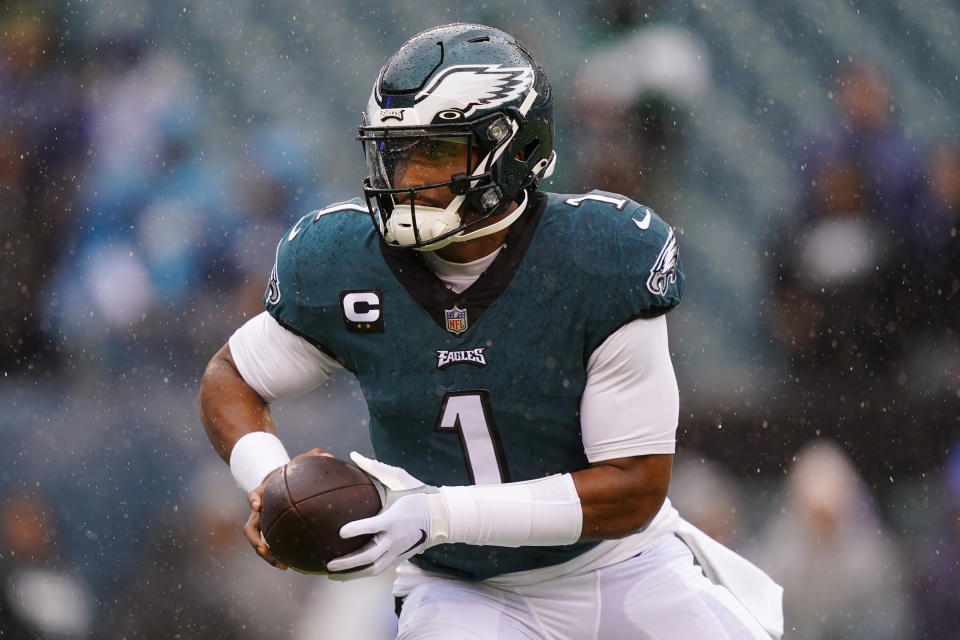 Philadelphia Eagles' Jalen Hurts warms up before an NFL football game against the Jacksonville Jaguars on Sunday, Oct. 2, 2022, in Philadelphia. (AP Photo/Matt Slocum)