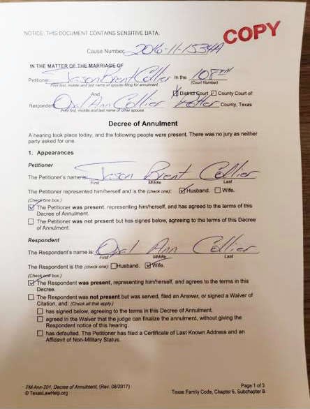 Image of annulment certificate texan police chief cheating drama