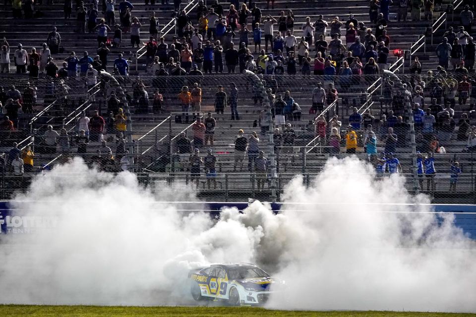 NASCAR Cup Series driver Chase Elliott (9) celebrates with a burnout after winning the Ally 400 at the Nashville Superspeedway in Lebanon, Tenn., Sunday, June 26, 2022.