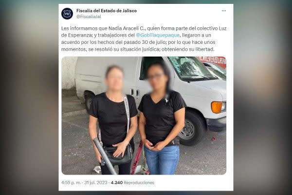 Tuit de la Fiscalía de Jalisco tras la liberación de la buscadora Nadia Araceli en Tlaquepaque