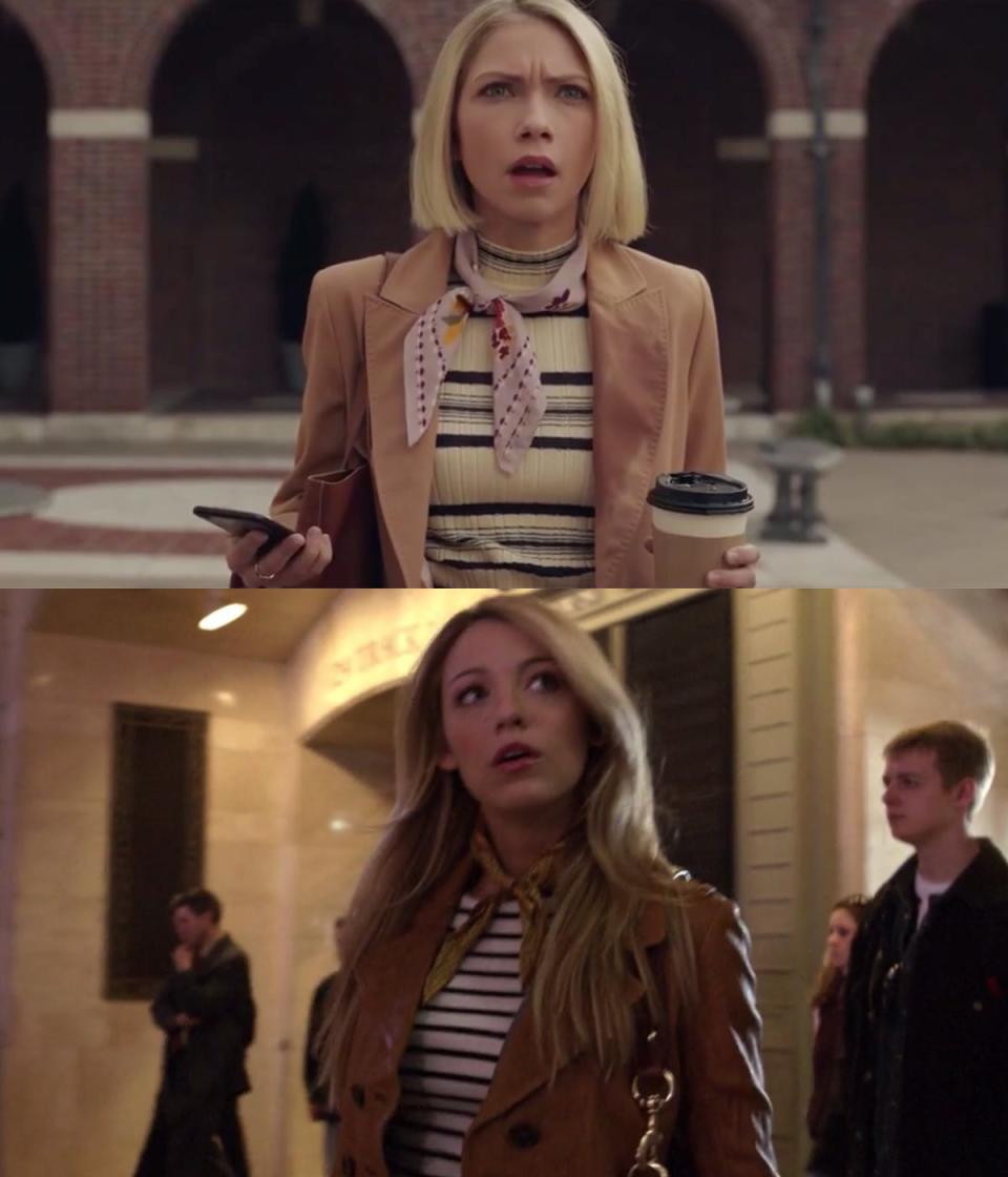 Tavi Gevinson and Blake Lively wearing striped shirts and tan jackets on HBO's "Gossip Girl" and the original series.