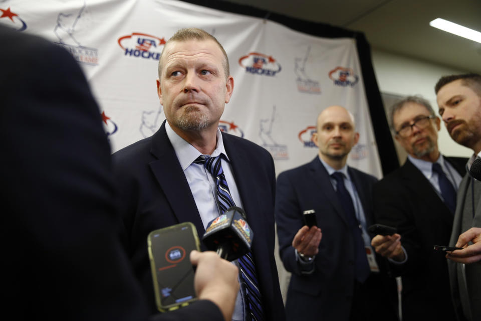 Former Boston Bruins goalie Tim Thomas speaks with members of the media before being inducted into the U.S. Hockey Hall of Fame, Thursday, Dec. 12, 2019, in Washington. (AP Photo/Patrick Semansky)