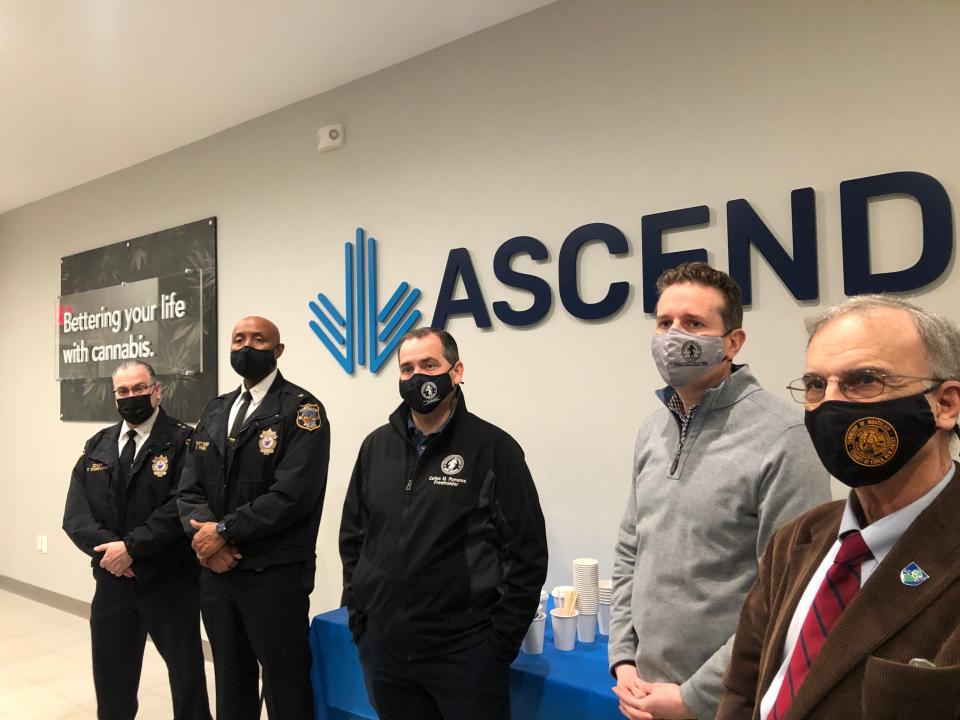 Montclair Police Chief Todd Conforti and Deputy Chief Wilhelm Young, Essex Freeholders Carlos Pomares and Brendan Gill, and Montclair Councilor Bob Russo at the opening of AscenD Wellness, a medical marijuana operator on Bloomfield Avenue on Feb. 23, 2021.