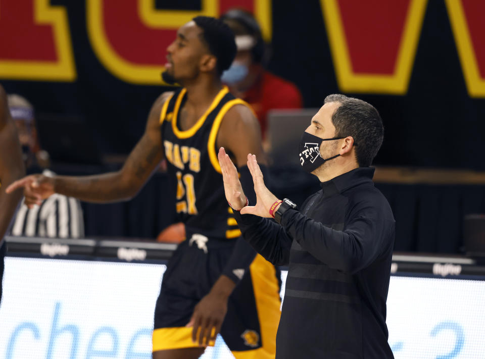 Iowa State head coach Steve Prohm directs his players against Arkansas-Pine Bluff during the second half of an NCAA college basketball game, Sunday, Nov. 29, 2020, in Ames, Iowa. (AP Photo/Matthew Putney)