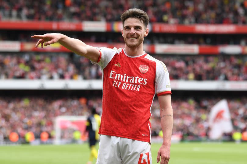 Declan Rice celebrates after scoring in Arsenal's victory over AFC Bournemouth