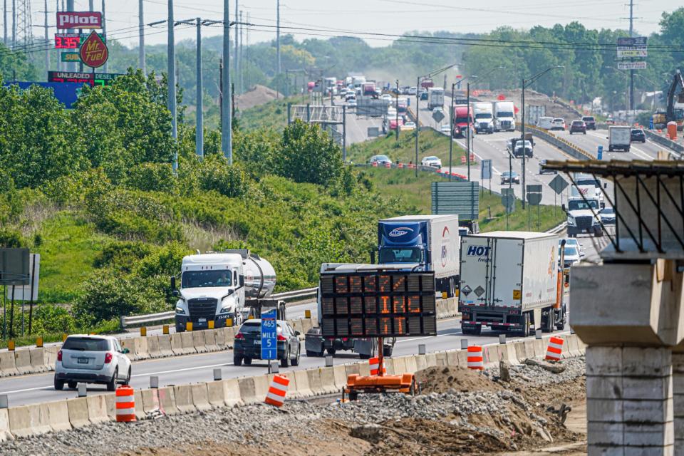Construction crews work on the  I-69 finish line project, Wednesday, May 17, 2023, near 1910 W. Thompson Rd. in Indianapolis. 