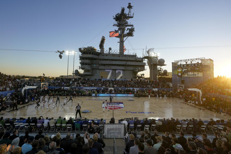 Gonzaga plays Michigan State during the first half of the Carrier Classic NCAA college basketball game aboard the USS Abraham Lincoln, Friday, Nov. 11, 2022, in Coronado, Calif. (AP Photo/Gregory Bull)