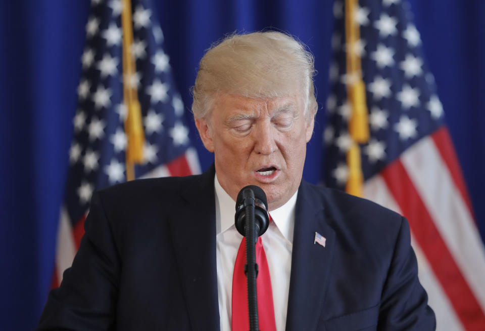 President Donald Trump speaks to the media regarding Charlottesville on Saturday. (Photo: Pablo Martinez Monsivais/AP)