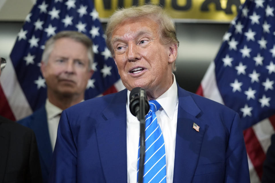 Republican presidential candidate former President Donald Trump speaks with reporters at the National Republican Senatorial Committee, Thursday, June 13, 2024, in Washington. (AP Photo/Evan Vucci)