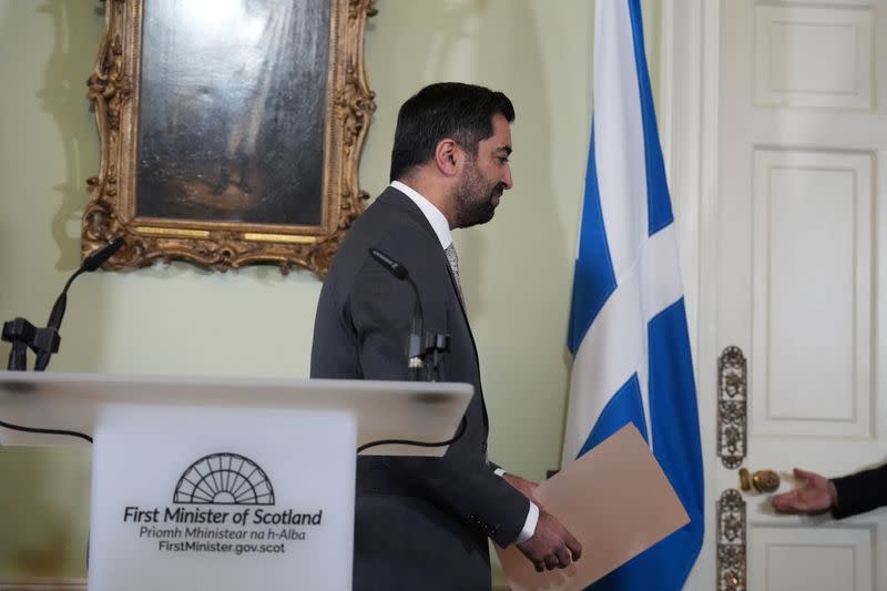 Scotland's First Minister Humza Yousaf speaks during a press conference at Bute House