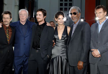 Premiere: Gary Oldman, Michael Caine, Christian Bale, Katie Holmes, Morgan Freeman and Liam Neeson at the Hollywood premiere of Warner Bros. Pictures' Batman Begins - 6/6/2005 Photo: Lester Cohen, WireImage.com