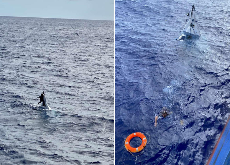 The 62-year-old Stuart Bee (left) on his capsized boat and (right) swimming to the rescuing ship.