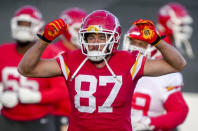 Kansas City Chiefs tight end Travis Kelce (87), centre, attends a practice session in Frankfurt, Germany, Friday, Nov. 3, 2023. The Kansas City Chiefs are set to play the Miami Dolphins in a NFL game in Frankfurt on Sunday Nov. 5, 2023. (AP Photo/Michael Probst)