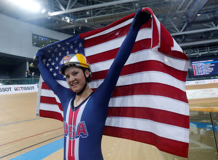 Cycling - UCI Track World Championships - Women's Individual Pursuit, Final - Hong Kong, China – 15/4/17 - Chloe Dygert of the U.S. celebrates after winning gold medal. REUTERS/Bobby Yip