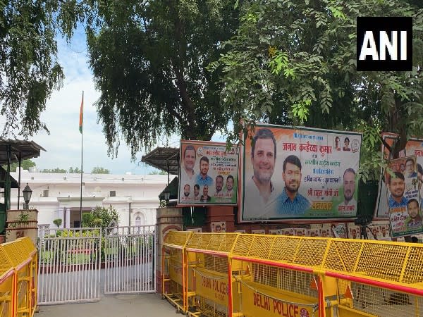 Posters welcoming Kanhaiya Kumar into Congress put up outside the Congress office. (Photo/ ANI)