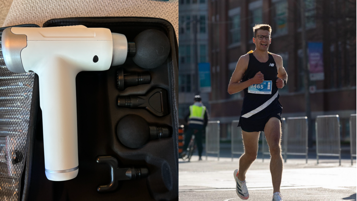 massage gun, split screen of white massage fun gun and man running race, I am a competitive distance runner and this massage gun is worth its weight in gold (photos via Alex Cyr).