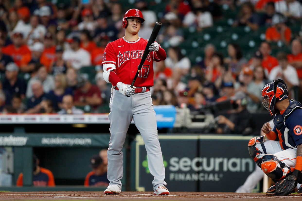 HOUSTON, TEXAS - SEPTEMBER 12: Shohei Ohtani #17 of the Los Angeles Angels bats in the first inning against the Houston Astros at Minute Maid Park on September 12, 2021 in Houston, Texas. (Photo by Tim Warner/Getty Images)