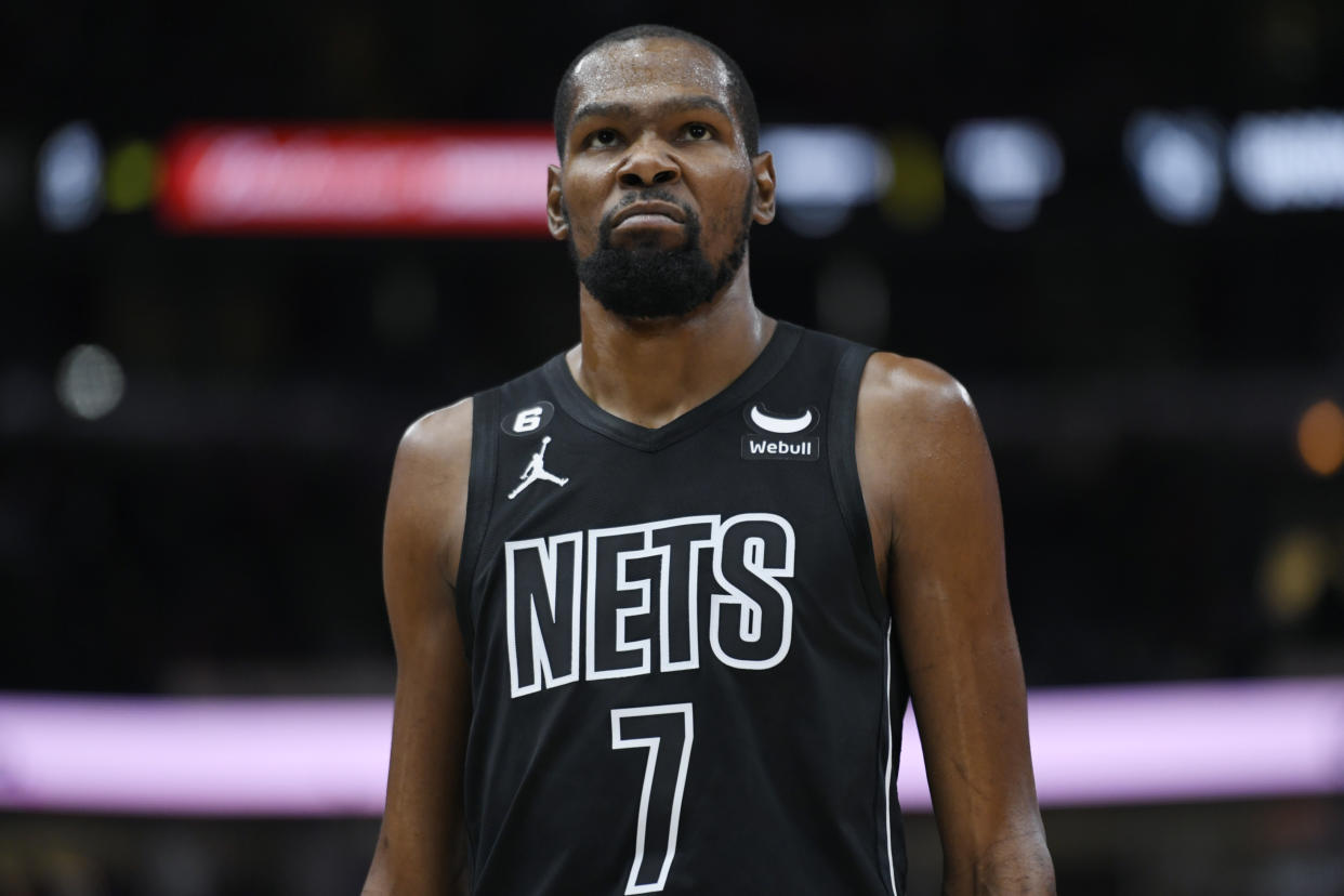 Brooklyn Nets' Kevin Durant reacts during the final seconds of the team's NBA basketball game against the Chicago Bulls on Wednesday, Jan. 4, 2023, in Chicago. The Bulls won 121-112. (AP Photo/Paul Beaty)