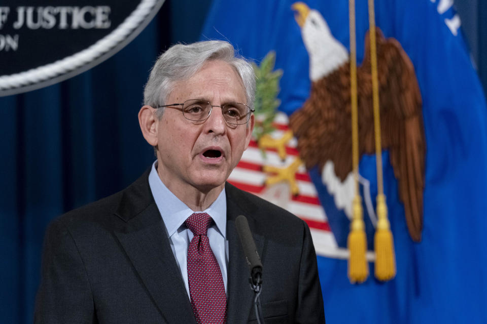 Attorney General Merrick Garland speaks about a jury's verdict in the case against former Minneapolis Police Officer Derek Chauvin in the death of George Floyd, at the Department of Justice, Wednesday, April 21, 2021, in Washington. (AP Photo/Andrew Harnik, Pool)