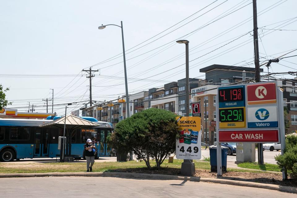 Gas prices are displayed outside the Valero station at Riverside and Montopolis drives Monday. Average prices for regular unleaded have jumped above $4 a gallon in Austin for the first time as fuel costs reach record highs in Texas and nationwide.