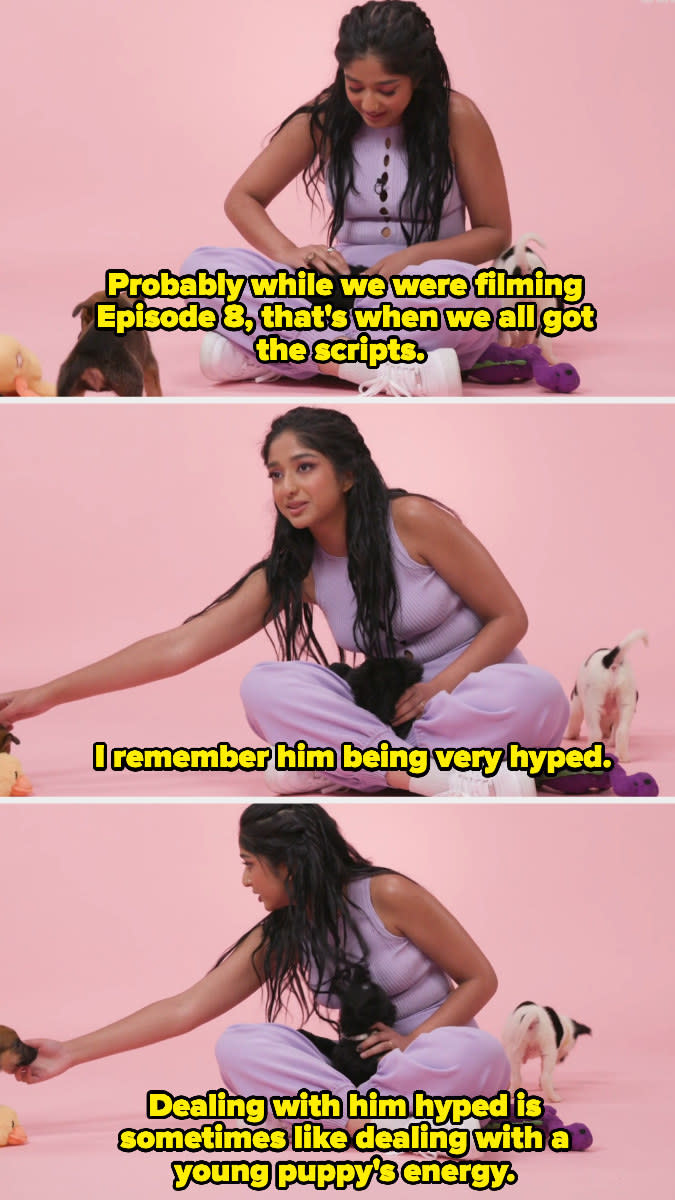 Maitreyi playing with puppies while talking about how they found out while filming Episode 8 and how "hyped" Jaren was, and how dealing with him hyped "is sometimes like dealing with a young puppy's energy"