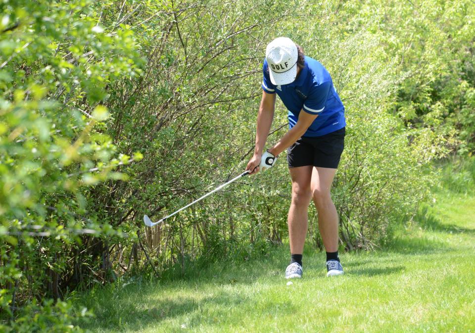 Landon Kongeal of Gibraltar Carlson tries chip onto the green to during the Monroe County Championships Monday.