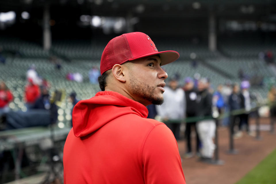 St. Louis Cardinals' Willson Contreras looks out over Wrigley Field before a baseball game against the Chicago Cubs, Monday, May 8, 2023, in Chicago, as he returns to Chicago for the first time since leaving the Cubs after last season. (AP Photo/Charles Rex Arbogast)