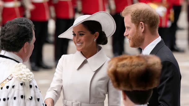 PHOTO: Britain's Prince Harry and Meghan, Duchess of Sussex, arrive for the National Service of Thanksgiving held at St Paul's Cathedral during the Queen's Platinum Jubilee celebrations in London, June 3, 2022. (Matt Dunham/AP)