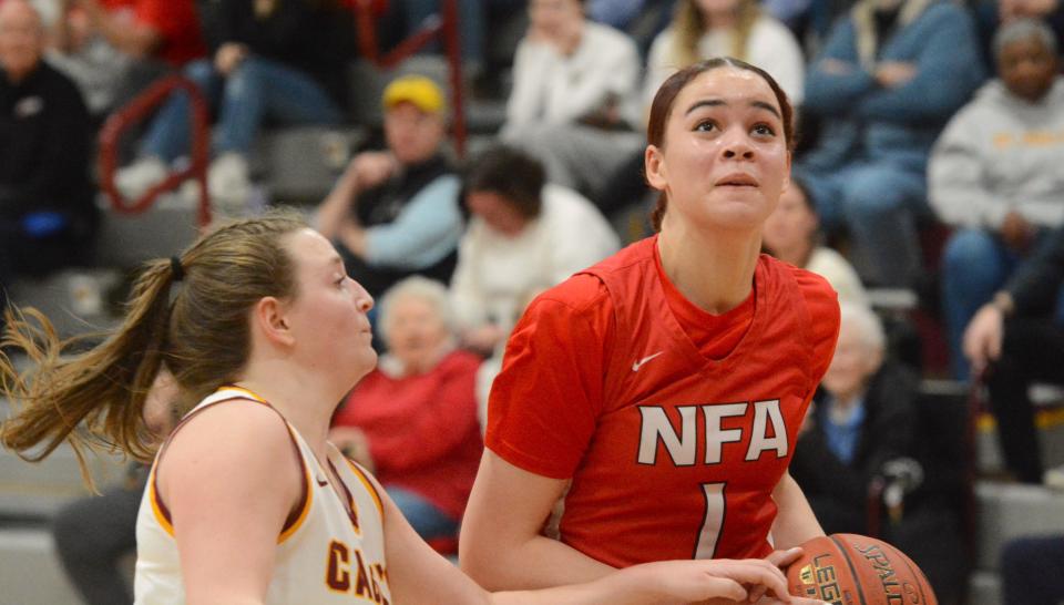 NFA junior Jordyn Bay-Kent goes up for a shot against St. Joseph in the Class LL tournament Thursday at Trumbull. Bay-Kent scored a game-high 17 points in the Wildcats' 59-28 second round win.