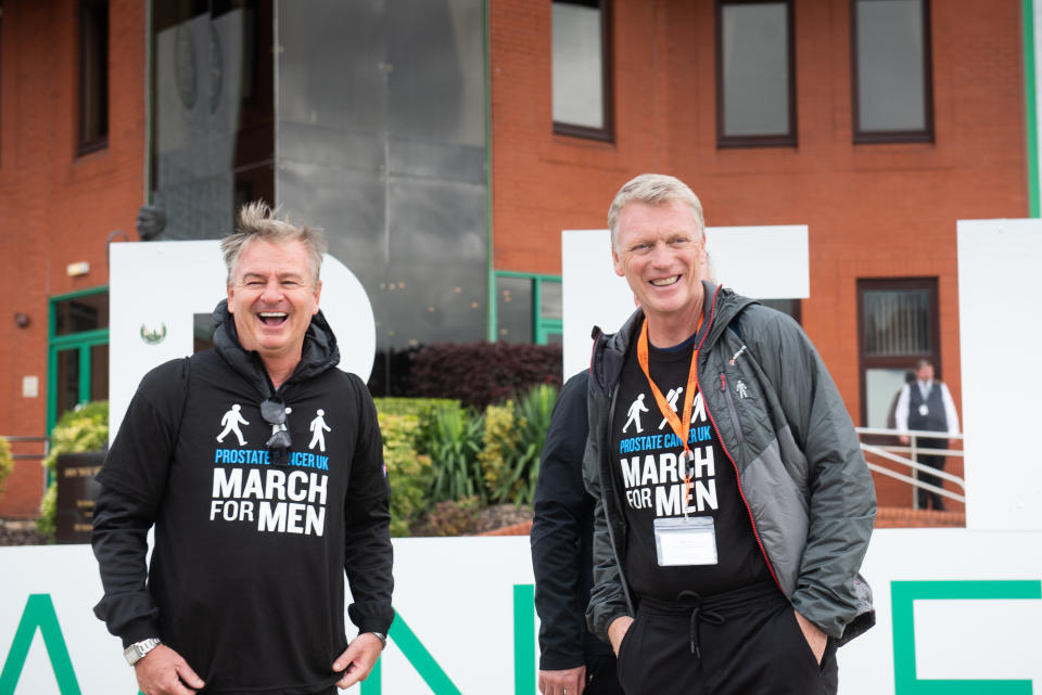 Charlie Nicholas and David Moyes outside Celtic Park as they support Prostate Cancer UK's March for Men