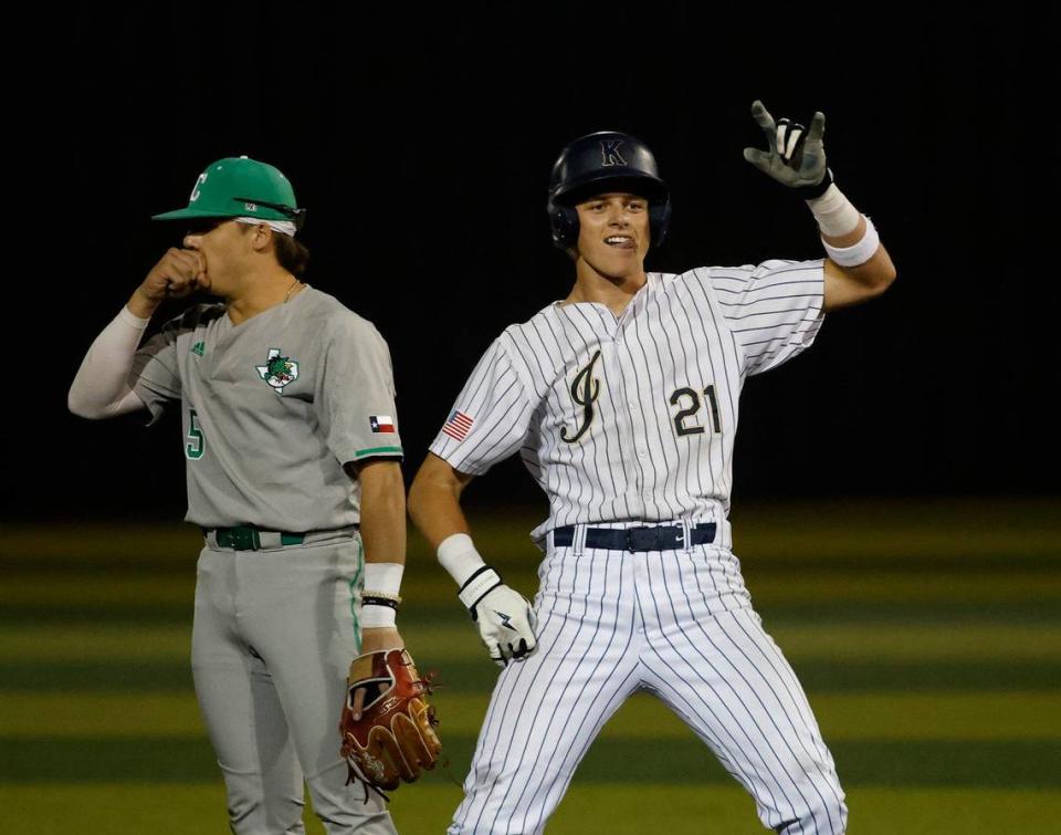 Keller infielder Cole Koeninger reacts to his double during a UIL District 6A Region 1 Quarterfinals baseball game at L.D. Bell in Hurst, Texas, Thursday, May 16, 2024.