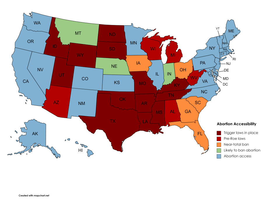 A map of abortion accessibility by U.S. state, as of June 2022.