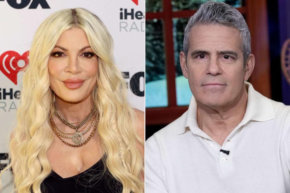 <p>Jesse Grant/Getty; Charles Sykes/Bravo via Getty</p> From left: Tori Spelling and Andy Cohen