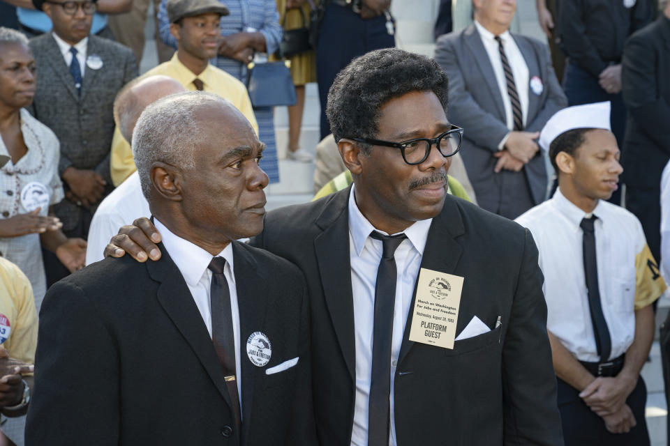 This image released by Netflix shows Glynn Turman as A Philip Randolph, left, and Colman Domingo as Bayard Rustin in a scene from "Rustin." (David Lee/Netflix via AP)