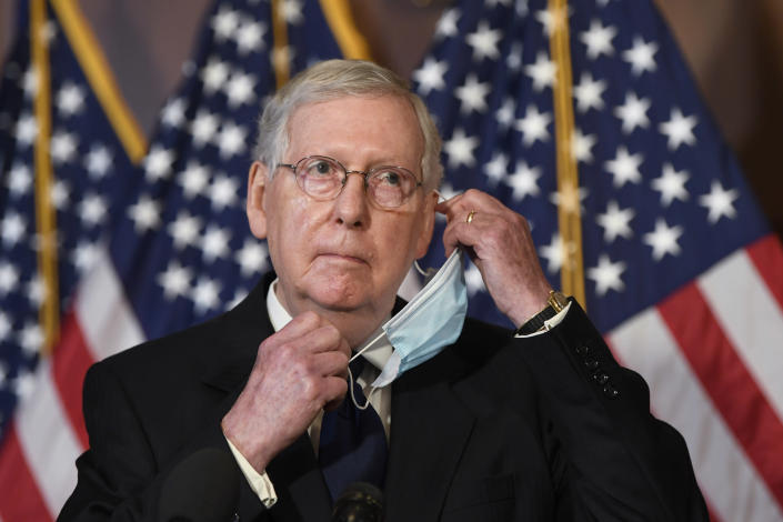 Senate Majority Leader Mitch McConnell of Ky., listens to a question during a news conference on Capitol Hill in Washington, Monday, July 27, 2020, to highlight the new Republican coronavirus aid package. (AP Photo/Susan Walsh)