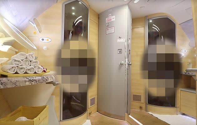 Casey - who has pixelated himself for modesty - reveals passengers are allowed 30 minutes in the shower. Image: Youtube/CaseyNeistat