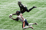 Chicago Bears wide receiver Anthony Miller (17) makes the catch ahead of Atlanta Falcons strong safety Keanu Neal (22) for a touchdown during the second half of an NFL football game, Sunday, Sept. 27, 2020, in Atlanta. (AP Photo/Brynn Anderson)