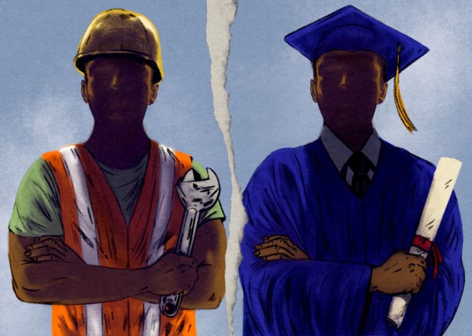 Man in hard hat next to man clutching diploma