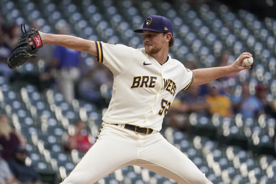 Milwaukee Brewers starting pitcher Eric Lauer throws during the first inning of a baseball game against the Philadelphia Phillies Tuesday, Sept. 7, 2021, in Milwaukee. (AP Photo/Morry Gash)