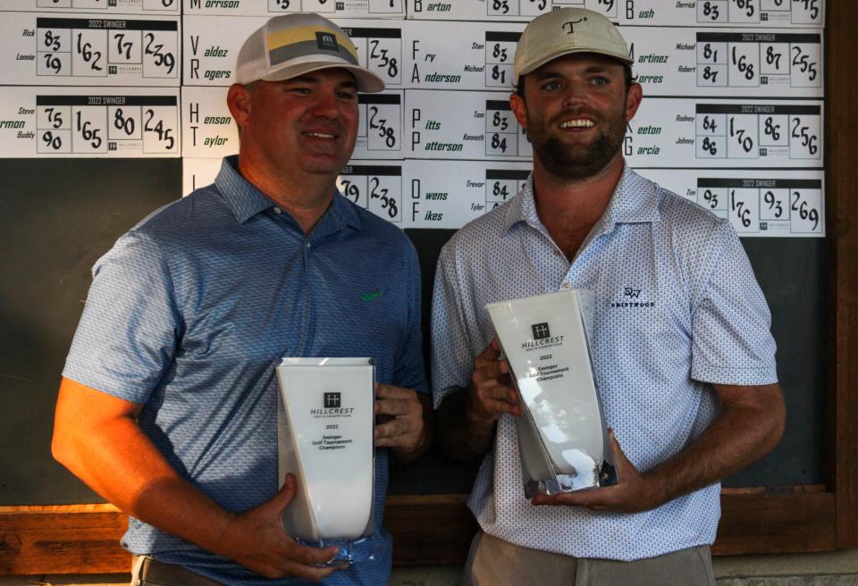 Cory Bull (left) and Alex Ellis pose with their Championship Flight after winning the Hillcrest Swinger golf tournament on Sunday, June 26, 2022.