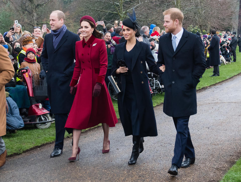 The Prince and Princess of Wales and the Duke and Duchess of Sussex walking to the Church of St Mary Magdalene on the Sandringham estate on December 25, 2018. (Getty Images)