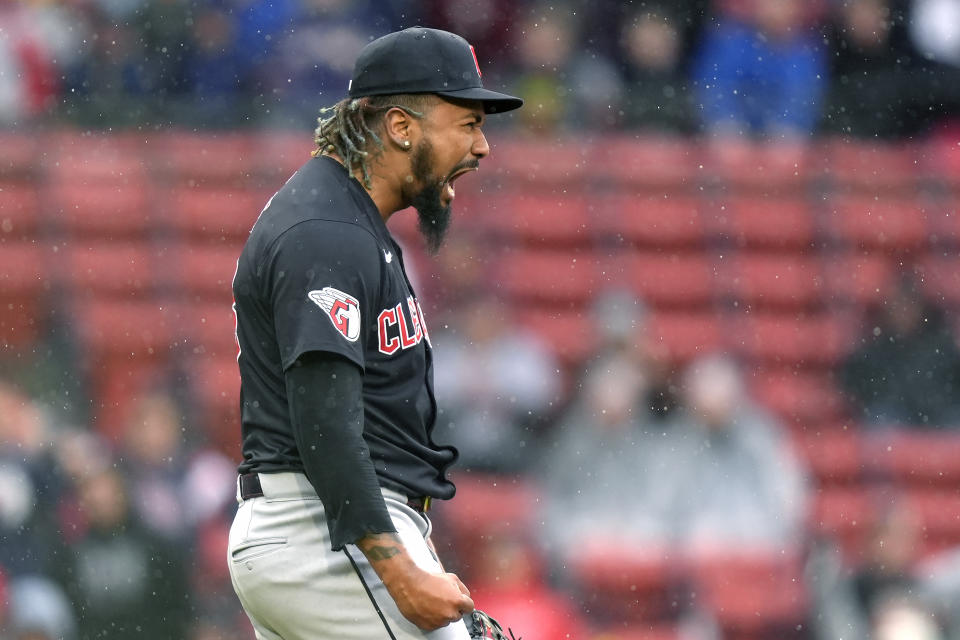 Cleveland Guardians' Emmanuel Clase celebrates after striking out Boston Red Sox's Triston Casas to end the baseball game, Thursday, April 18, 2024, in Boston. The Guardians beat the Red Sox. (AP Photo/Steven Senne)