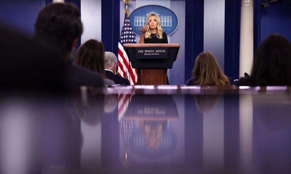 Kayleigh McEnany holds a press briefing in Washington on Monday.