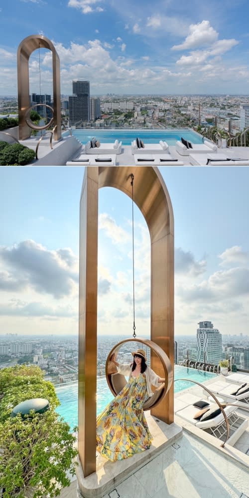 曼谷素坤逸怡思得酒店34樓泳池畔的金圈圈高空鞦韆也太網美。