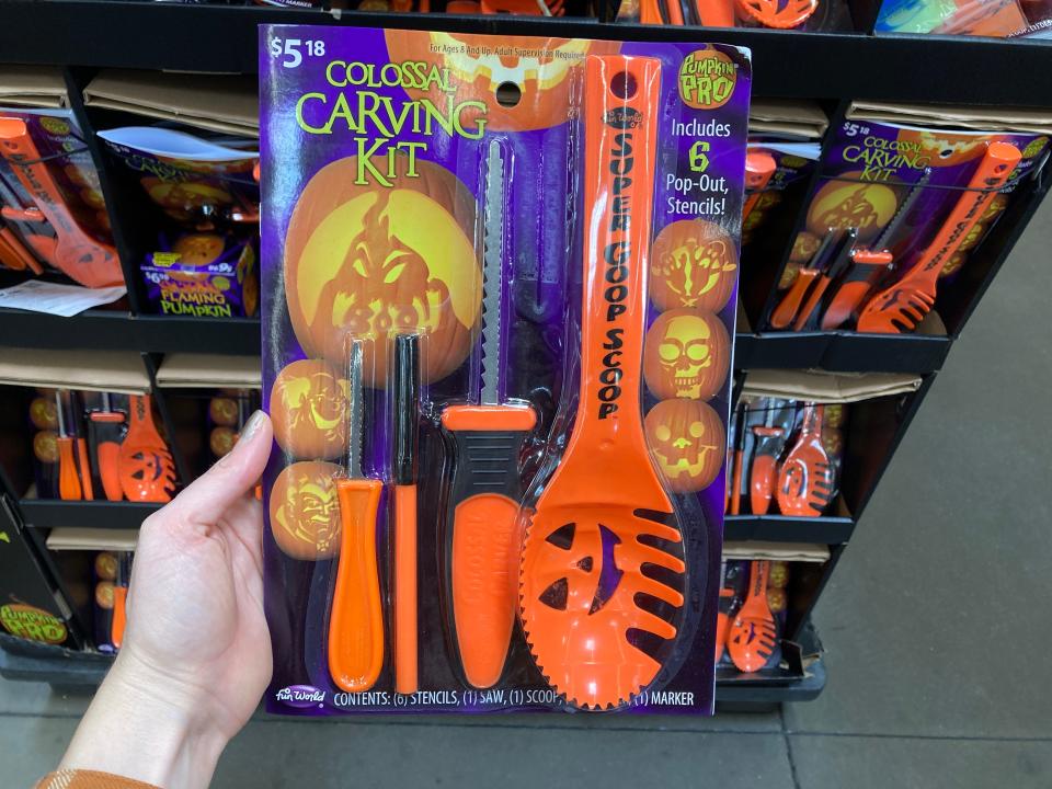 A pumpkin carving tool kit for sale at Walmart.