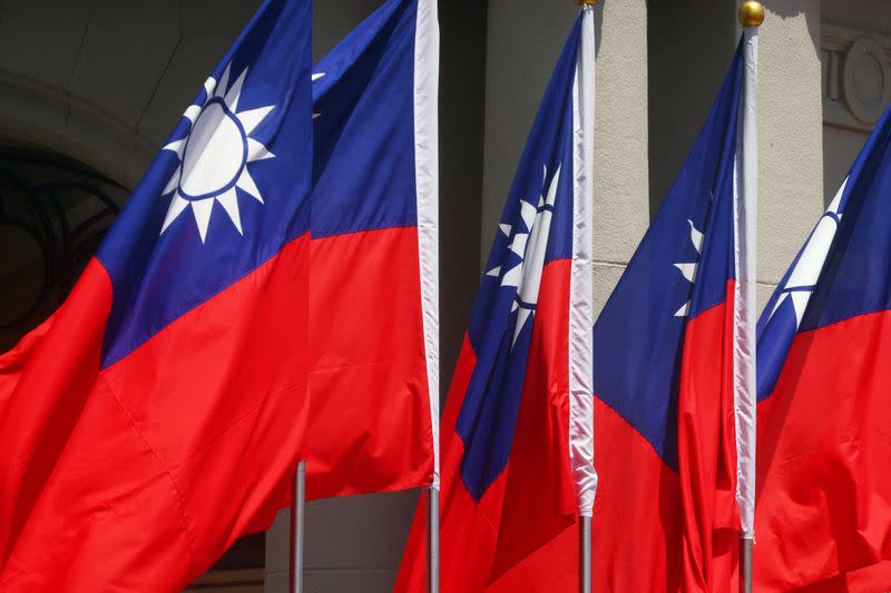 FILE PHOTO: Taiwan flags flutter during a welcome ceremony in Taipei