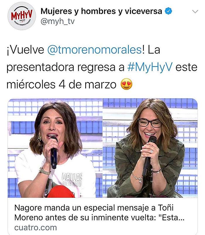 Ya hay fecha para el regreso de Toñi Moreno a la televisión tras su maternidad