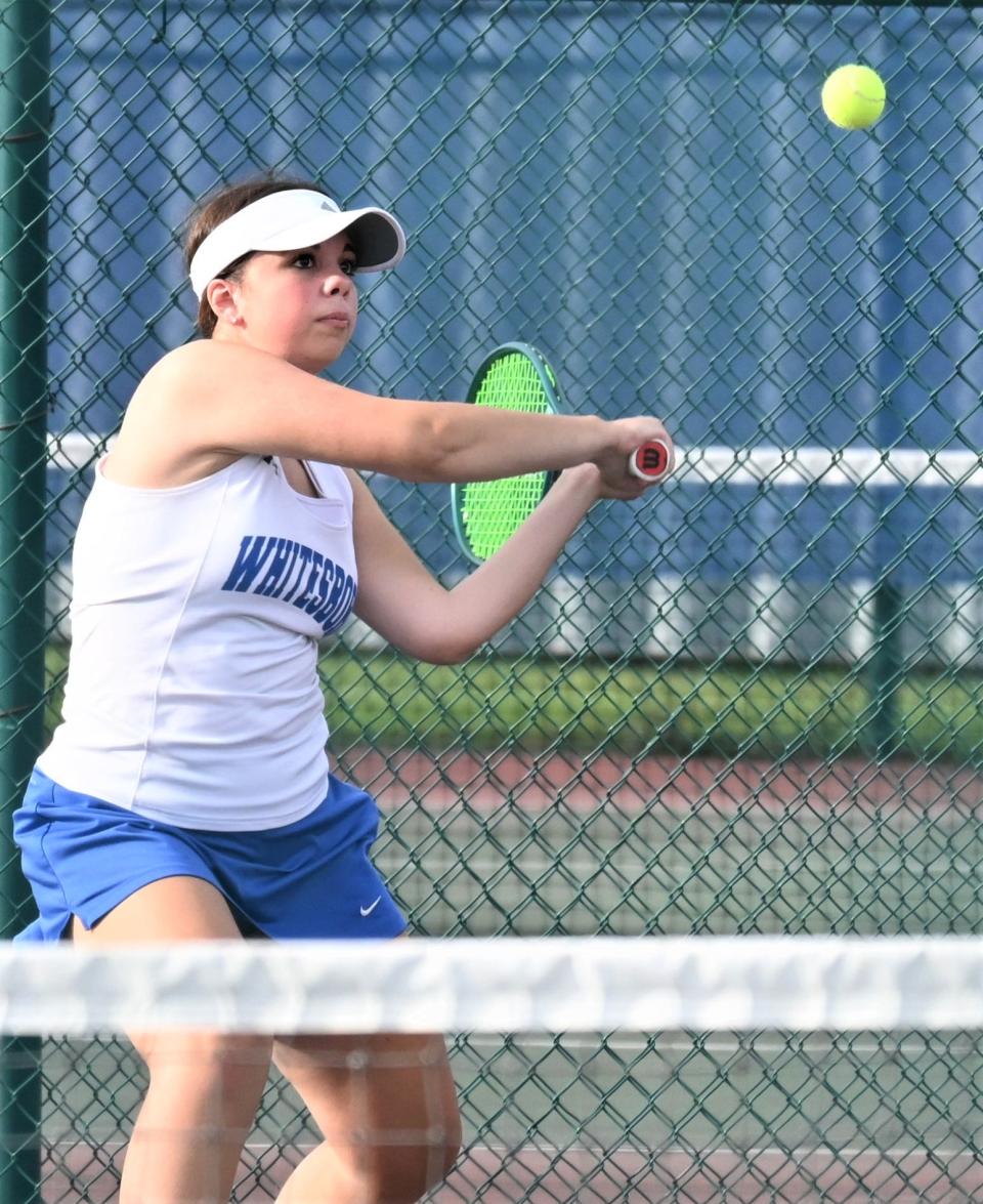 Whitesboro Warrior Lauren Levatino lines up the ball during her first singles match in New Hartford Monday. Levtino is unbeaten at No. 1 singles this season and has yet to lose a set.