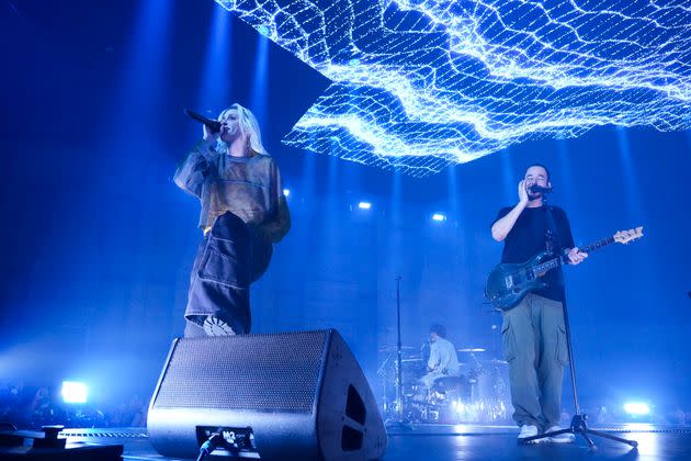 Emily Armstrong and Mike Shinoda of Linkin Park performing on Thursday evening